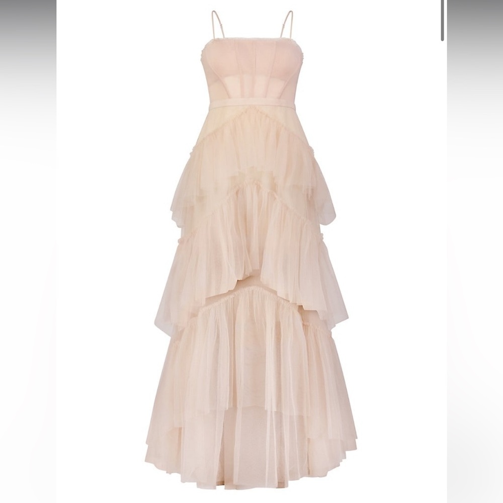 BCBGMAXAZRIA BCBG Oly Tiered Ruffle Tulle Evening Gown Light Pink Tint Size 4